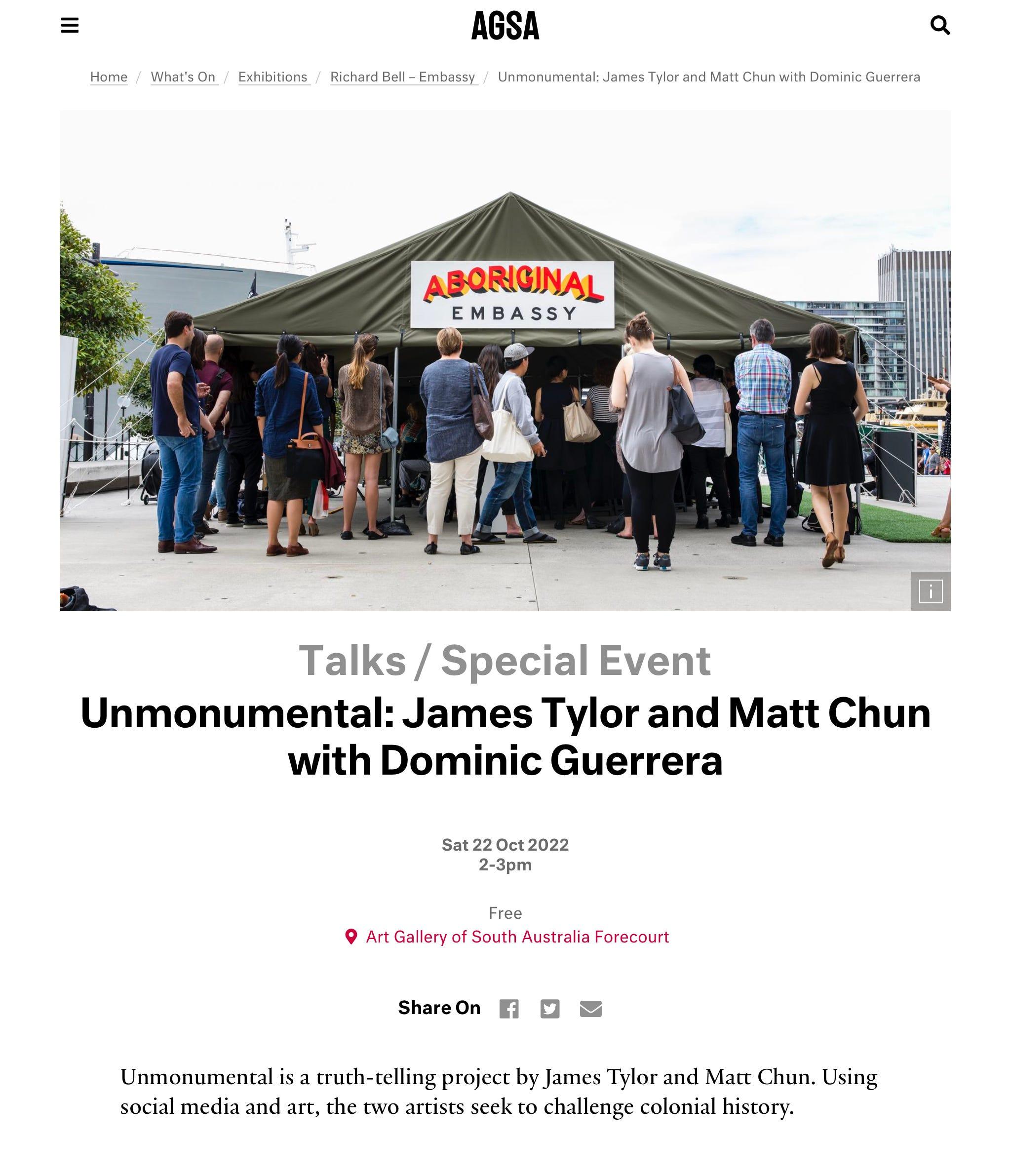 Screenshot of a website with the heading ‘UnMonumental: James Tylor and Matt Chun with Dominic Guerrera’